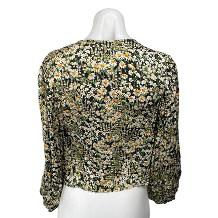 H&M Black Floral Daisy Peasant Long Sleeve V Neck Button Down Blouse Top Size M