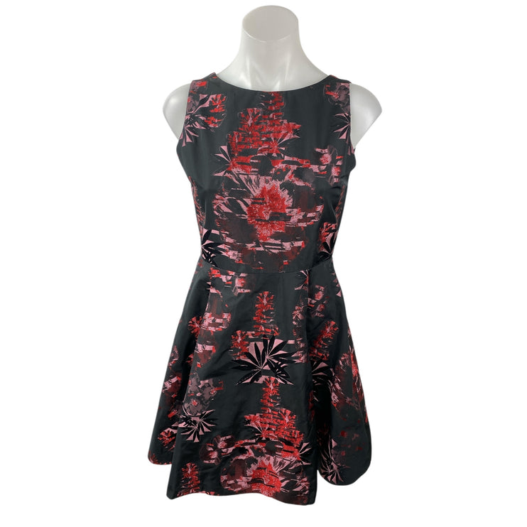 Alice + Olivia Black Red Sleeveless Floral Open Back Fit & Flare Mini Dress S