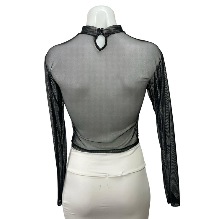 Karibik Karibik Women's Black Mesh Sheer Mock Neck Long Sleeve Crop Top Size M