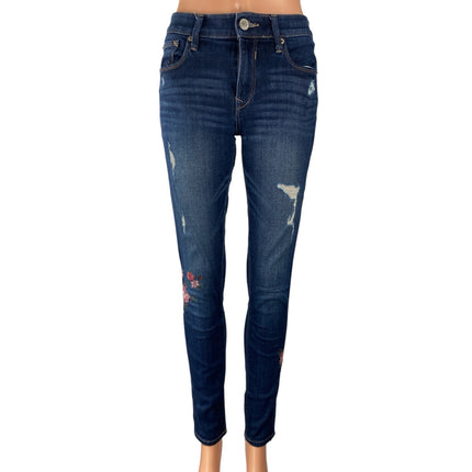 Express Stretch Blue Floral Embroidery Distressed Mid Rise Denim Jeans Pants 2