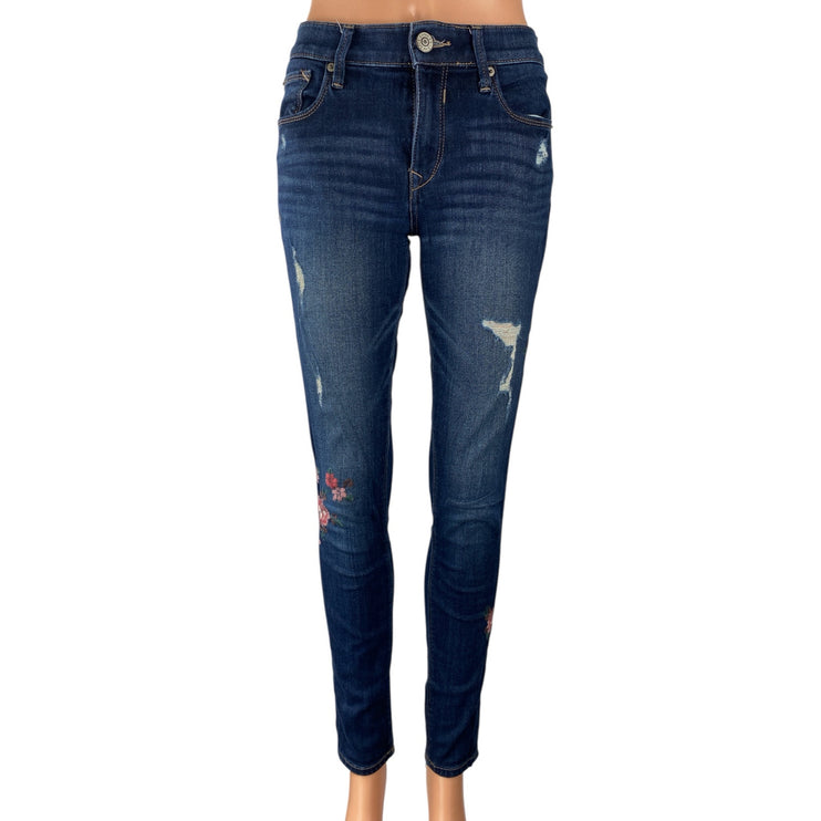 Express Stretch Blue Floral Embroidery Distressed Mid Rise Denim Jeans Pants 2