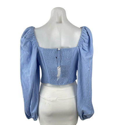 NEW & Other Stories Blue Linen Puff Sleeve Smocked Slim Crop Corset Blouse Top 8