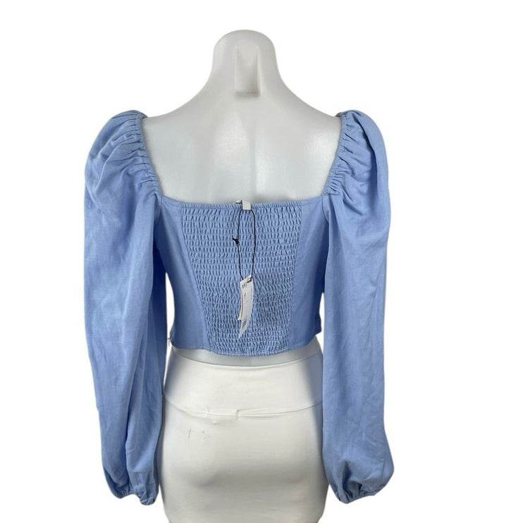 NEW & Other Stories Blue Linen Puff Sleeve Smocked Slim Crop Corset Blouse Top 8