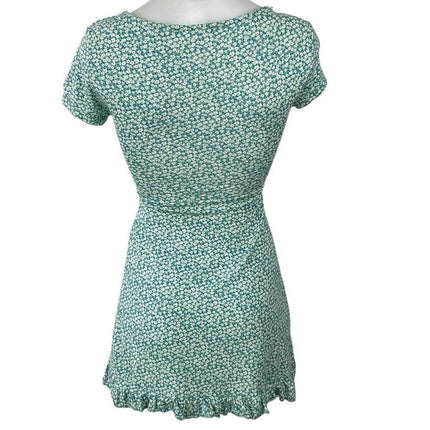 Pull & Bear Green Ditsy Floral Short Sleeve Cutout Ruffle A Line Mini Dress XS
