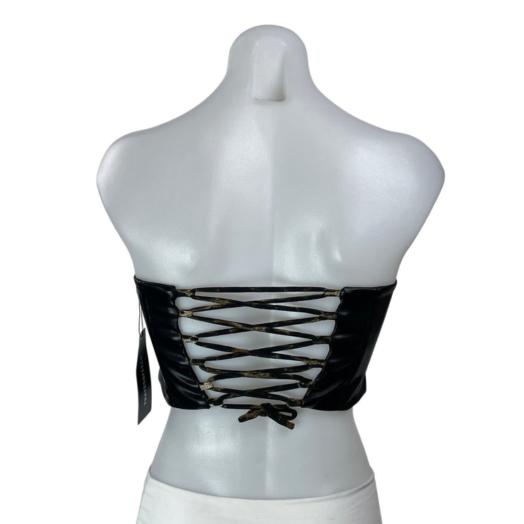 NEW THATSSOFETCH Black Faux Leather Sleeveless Strapless Bustier Corset Top Sz 0