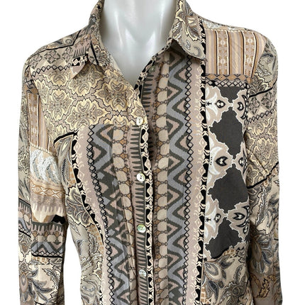 Renuar Women's Brown Tan Geometric Print Long Sleeve Button Down Shirt Top Sz XS