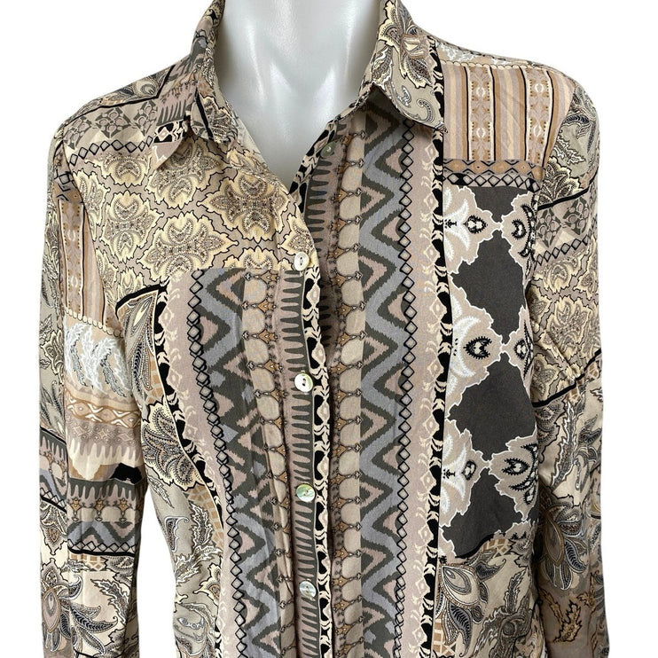 Renuar Women's Brown Tan Geometric Print Long Sleeve Button Down Shirt Top Sz XS
