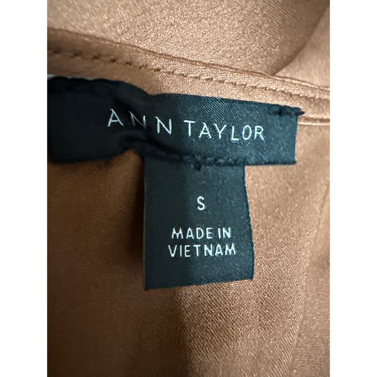 Ann Taylor Brown Silk Satin Long Sleeve V Neck Faux Wrap Blouse Bodysuit Top S