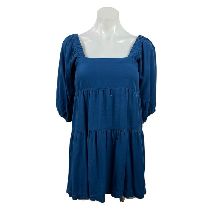 Shinestar Blue Square Neck 3/4 Sleeve Tiered Mini Babydoll Flare A-Line Dress XS