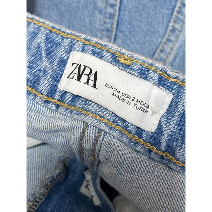Zara Women's Light Blue Raw Frayed Hem High Rise Straight Denim Jeans Pants Sz 2