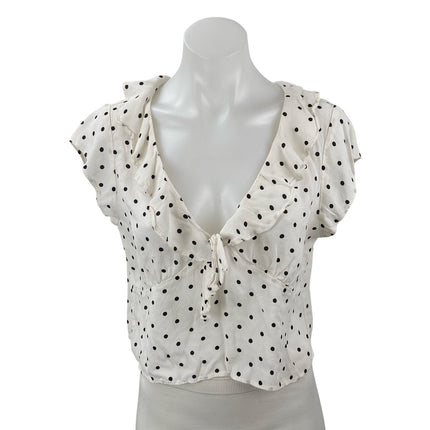 MNG Mango White Black Polka Dot Ruffle Short Sleeve Cropped Blouse Top Size 8
