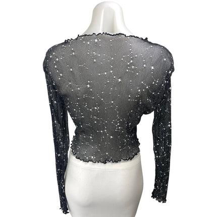 Women's Black Star Embellished Long Sleeve Mesh Sheer Crop Blouse Cover Up Top S