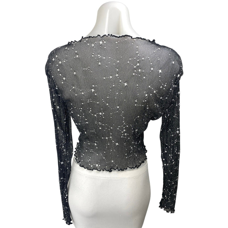 Women's Black Star Embellished Long Sleeve Mesh Sheer Crop Blouse Cover Up Top S