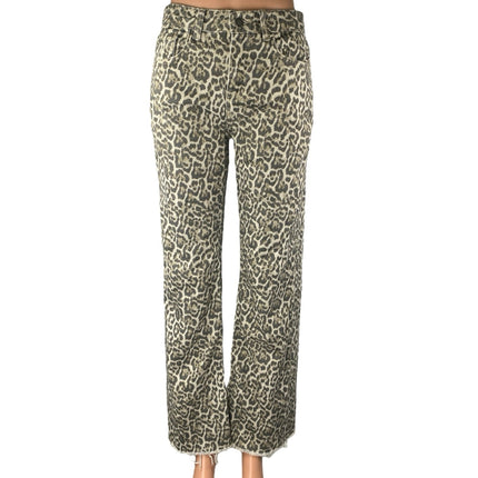 STR Teen Beige Black Leopard Straight Frayed Loose Raw Hem Denim Jeans Size 2