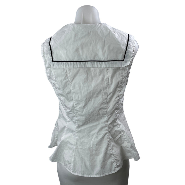 Zara Women's White Sleeveless Front Tie Ruffle Collared Button Up Blouse Top M