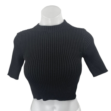 Zara Women's Black Rib Knit short Sleeve High Neck Stretch Cropped Sweater Top S