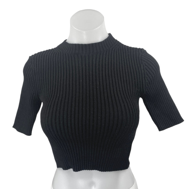 Zara Women's Black Rib Knit short Sleeve High Neck Stretch Cropped Sweater Top S
