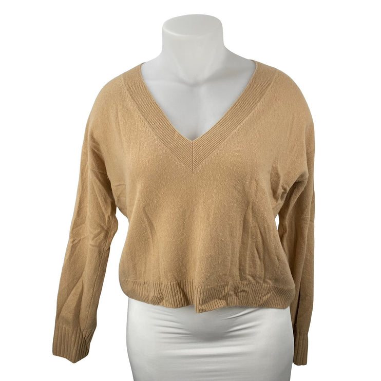 Intermix Elroy 100% Cashmere Women's Beige V Neck Long Sleeve Crop Sweater Top L