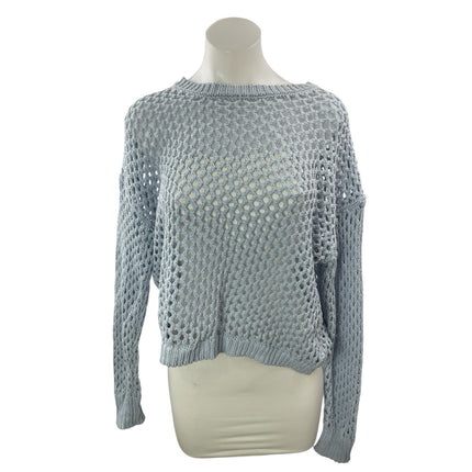 Hooked Up Women's Blue Gray Open Knit Crochet Long Sleeves Crop Sweater Top Sz S
