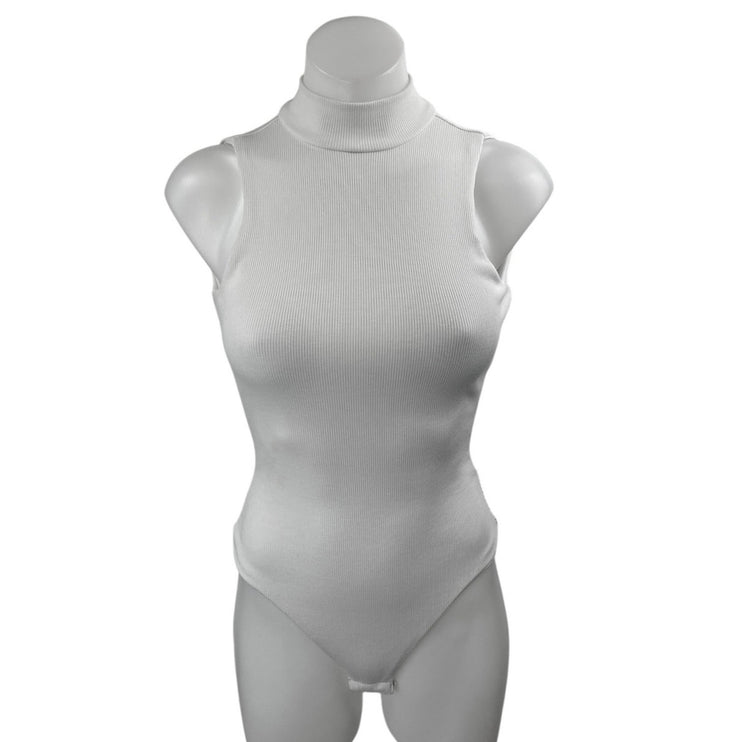 Superdown White Sleeveless Open Back Rib Knit Turtleneck Tank Bodysuit Top XS