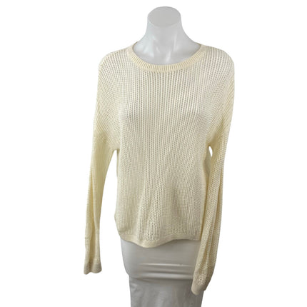 Uniqlo Women's Cream Linen Open Knit Crochet Crew Neck Long Sleeve Sweater Top M