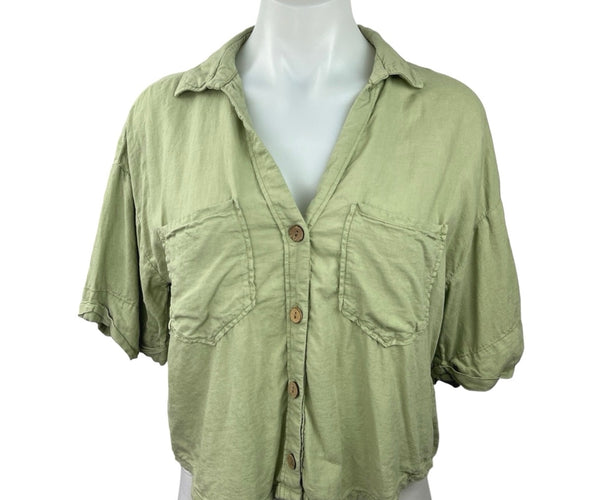 Zara Women's Linen Green Short Sleeve Collared Pocket Button Up Shirt Brie Zara Women's Linen Green Short Sleeve Collared Pocket Button Up Shirt Brie