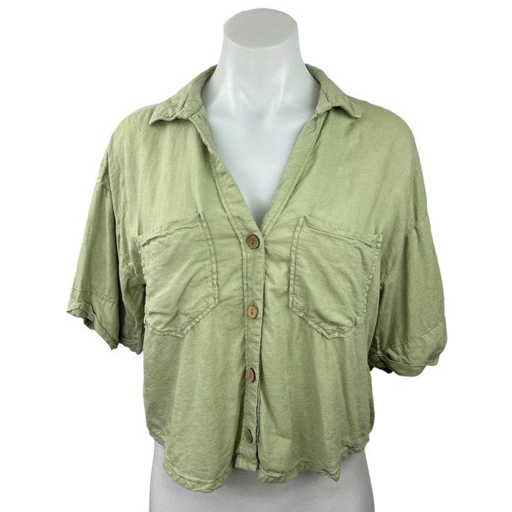 Zara Women's Linen Green Short Sleeve Collared Pocket Button Up Shirt Top Sz XS