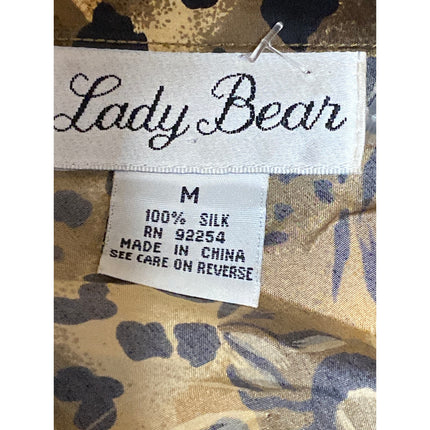 Vintage Lady Bear 100% Silk Animal Print Long Sleeve Button Down Shirt Top Sz M