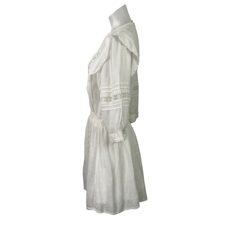 H&M Women's White Lace Boho 3/4 Sleeve Smocked Fit & Flare Mini Dress Size 10