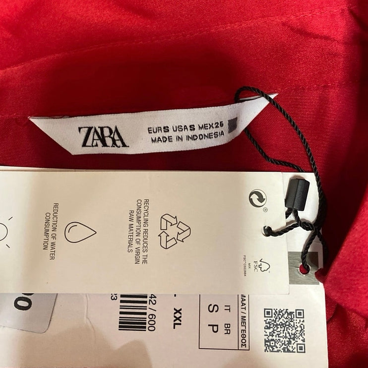 NEW Zara Women's Red Silky Satin Collar Long Sleeve Button Down Shirt Top Size S