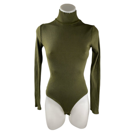 Lulus Womens Green Ribbed Knit Long Sleeve Turtleneck Bodysuit Sweater Top Sz S