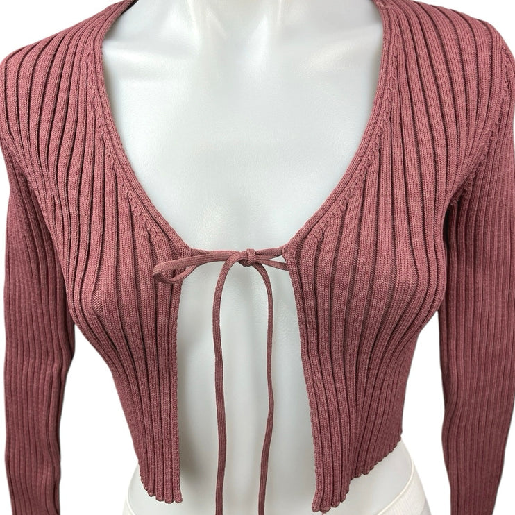 Zara Mauve Brown Ribbed Knit Tie Front Long Sleeve Crop Cardigan Sweater Top S