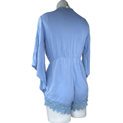 Kiss The Sky Blue Plunge V-Neck 3/4 Bell Sleeve Lace Crochet Jumpsuit Romper M