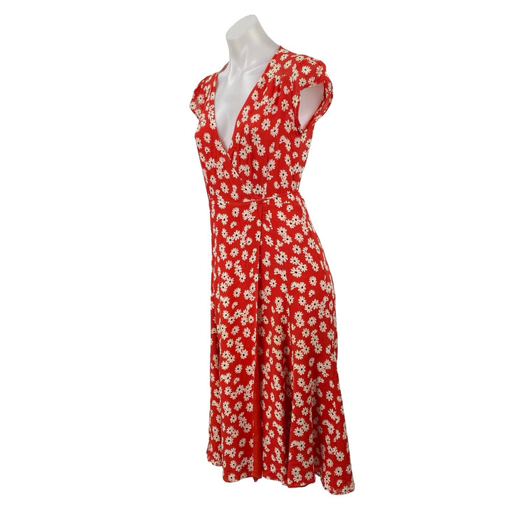 Reformation Womens Oopsie Daisy Carina Red Floral Midi Flare A-Line Wrap Dress S
