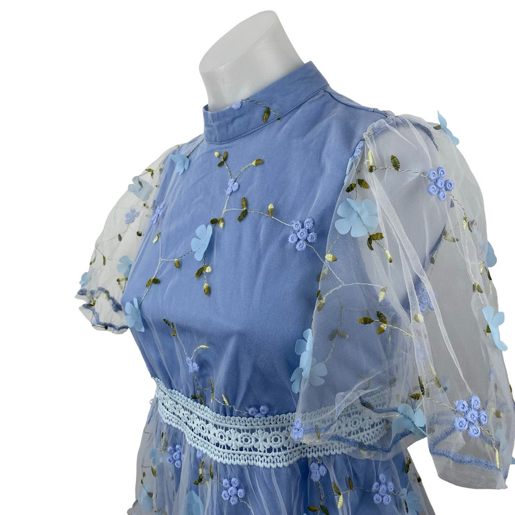 Women's Blue Floral Embroidered Short Sleeve Mesh Sheer A Line Maxi Dress Size S
