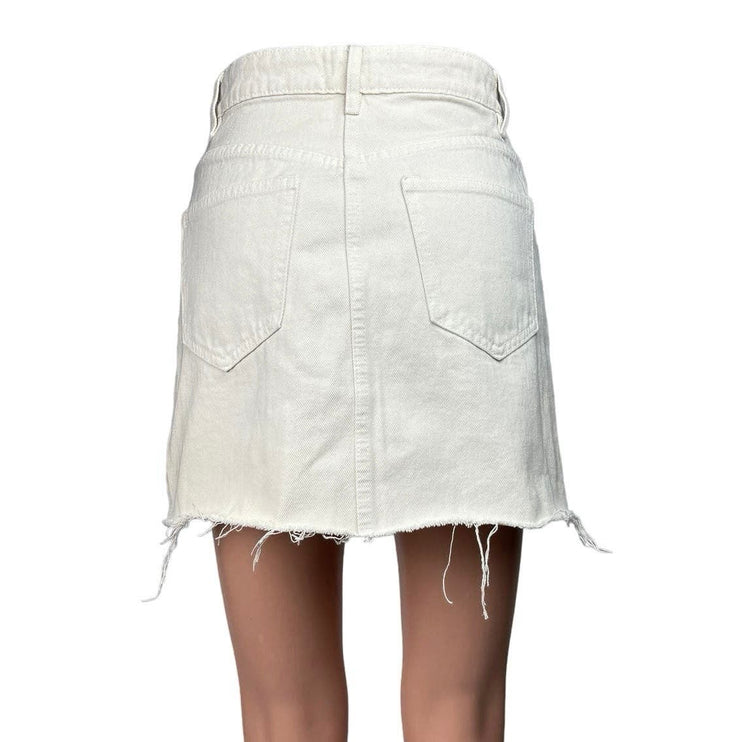 Zara White Button Up Frayed Hem Pencil Straight Jean Denim Mini Skirt Size XS