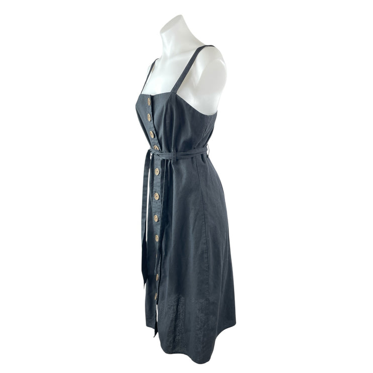 Hyfve Womens Black Linen Sleeveless Button Down Tie Waist A Line Midi Dress Sz M