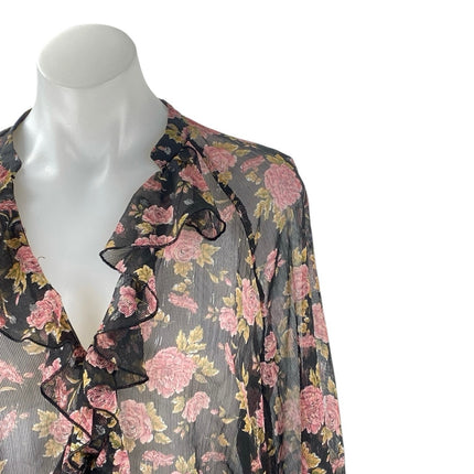 Zara Women's Floral Sheer Mesh Long Sleeve Ruffle V Neck Shirt Blouse Top Size S