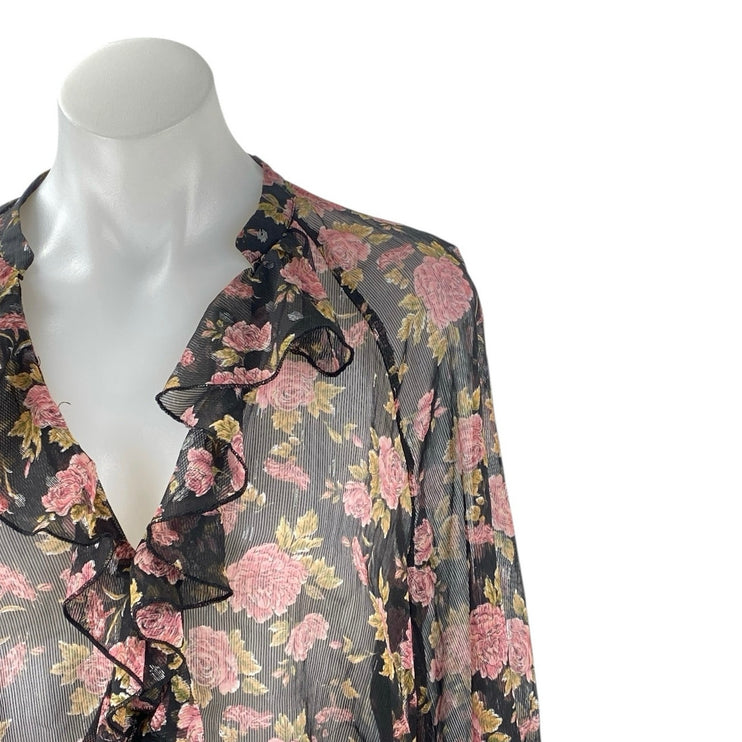 Zara Women's Floral Sheer Mesh Long Sleeve Ruffle V Neck Shirt Blouse Top Size S