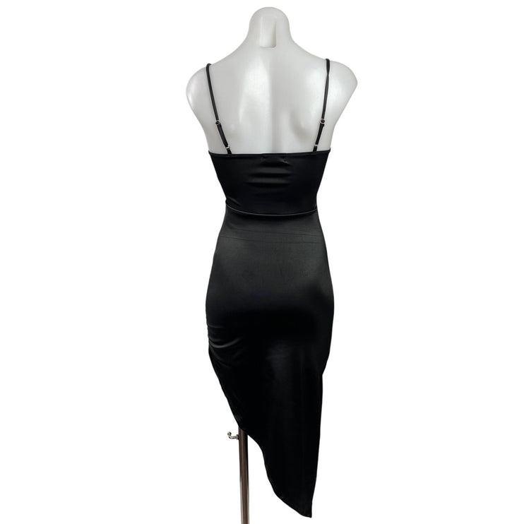 Popular 21 Black Silky Satin Sleeveless Cami Camisole Asymmetric Slip Dress Sz S
