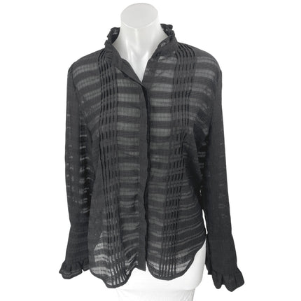 Beulah Black Long Sleeve Striped Mesh Sheer Pintucked Button Up Shirt Top OS