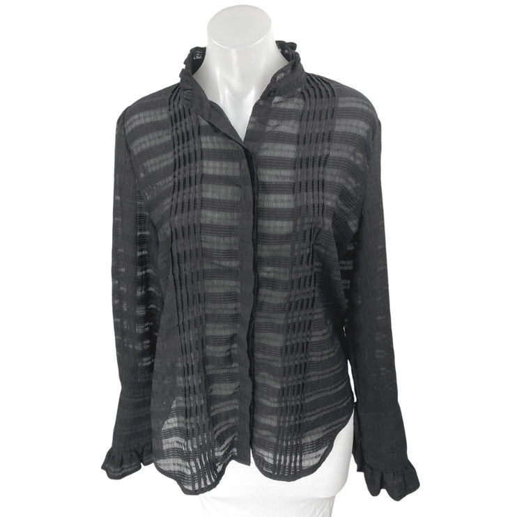 Beulah Black Long Sleeve Striped Mesh Sheer Pintucked Button Up Shirt Top OS
