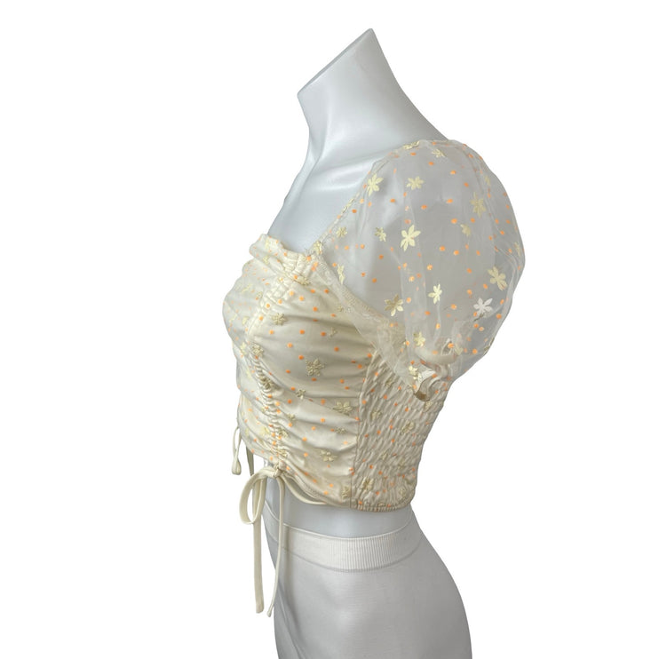 Le Lis Daisy Womens Floral Tulle Sheer Mesh Ruched Puff Sleeve Corset Crop Top S