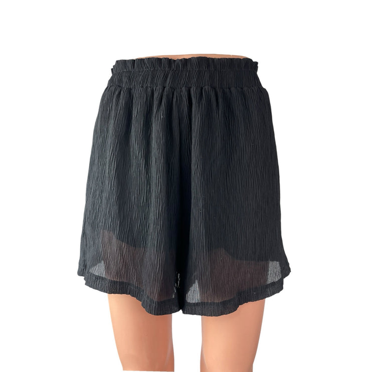 Lulus Women's Black Crinkle High Waisted Stretch Mesh Layered Mini Shorts Size L