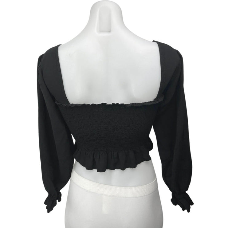 Nordstrom BP Black Smocked Ruffle Balloon Sleeve Square Neck Crop Blouse Top XXS