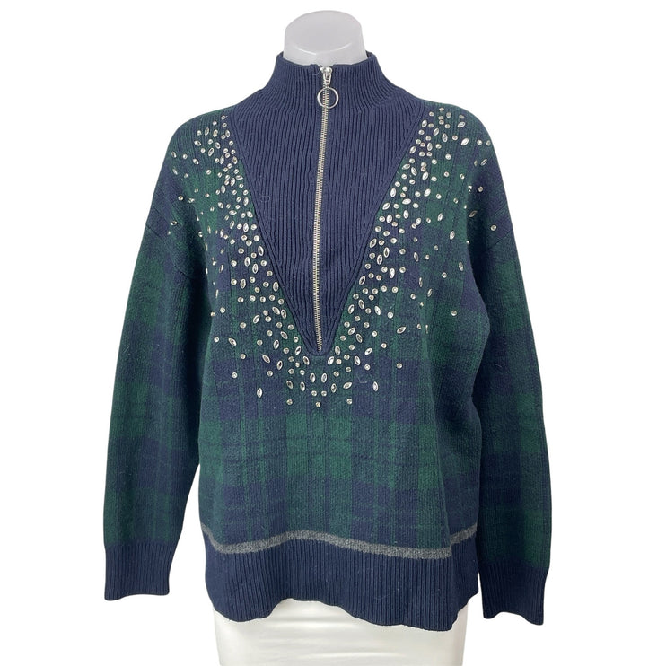 Sandro Paris Patience Green Blue Crystal Embellish Half Zip Check Sweater Top M