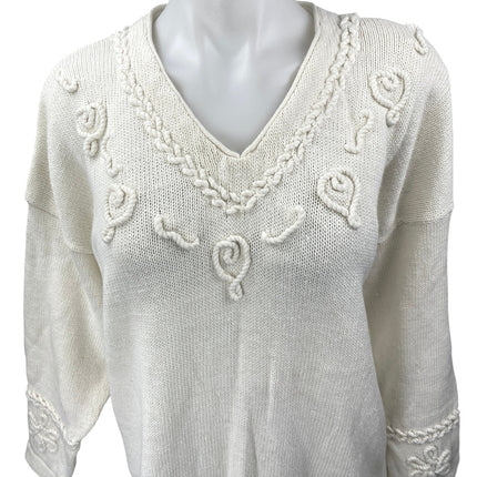 Style New York Cream Long Sleeve 3D V Neck Tassel Mini Sweater Dress Size L