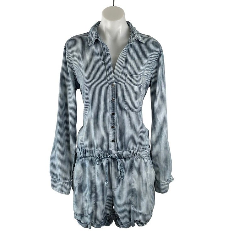 Cloth & Stone Blue Long Sleeve Denim Striped Button Front Jumpsuit Romper Size S