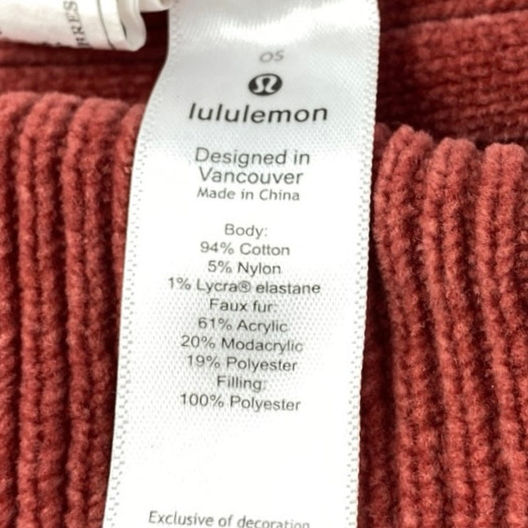 Lululemon Perfection Red Rib Knit Cuffed Faux Fur Pom Pom Beanie Cap Hat Size OS