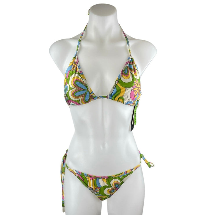 NEW Amalie Star x NA-KD Green Floral Halter Triangle Two Piece Bikini Set Size L